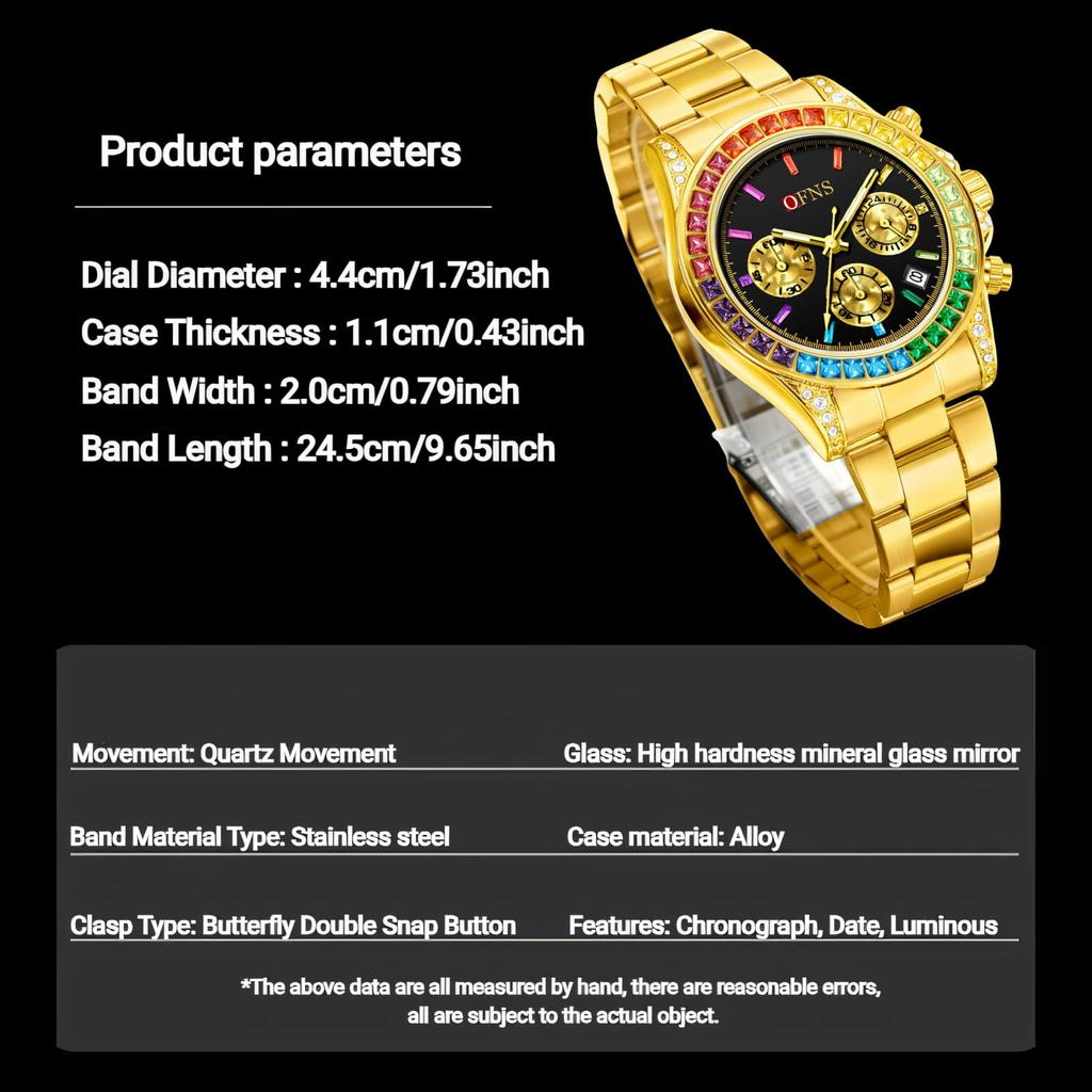 Rainbow Diamond Chronograph Men's Watch Six Pin Quartz Movement Waterproof Calendar Night Light Luxury Men's Watch
