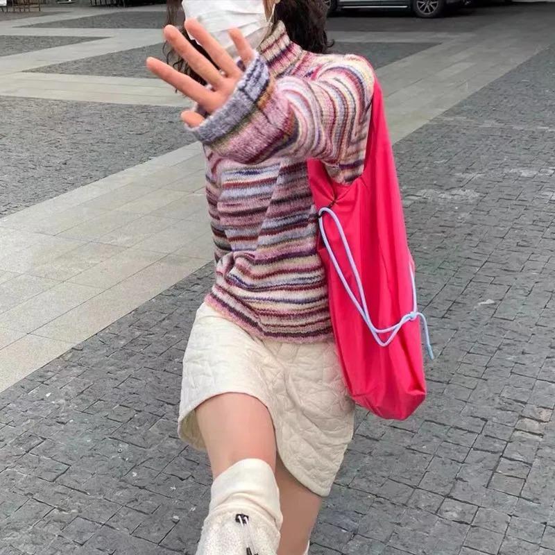 Японский свитер-водолазка Y2k, винтажный пуловер в радужную полоску, корейский модный вязаный джемпер, трикотаж Harajuku в стиле гранж