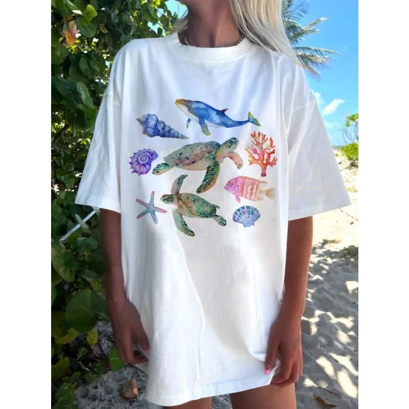 Marine Animals Whale and Turtle Printed Women's Casual Crew Neck Short Sleeve White T-shirt Summer Women T-Shirt