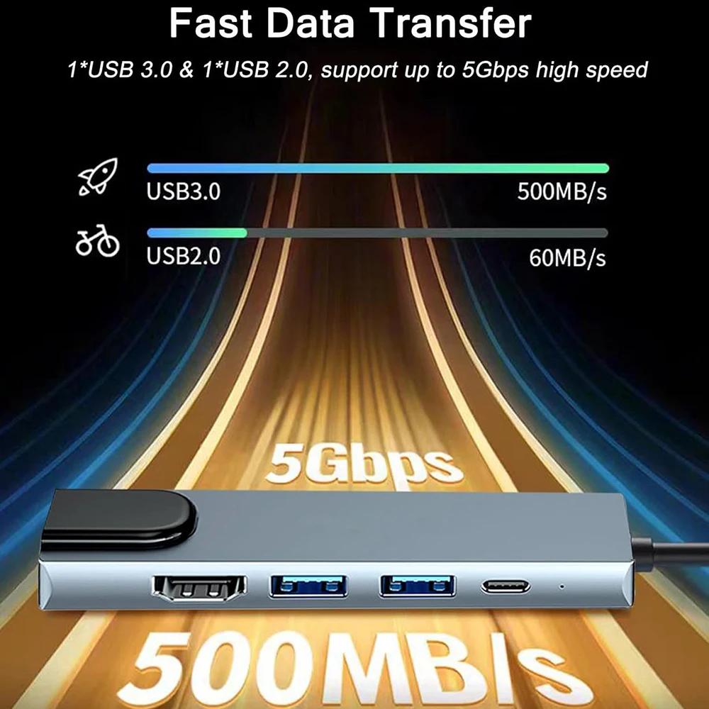 KEBIDUMEI 5-в-1 USB C Док-станция TYPE-C на HDMI/RJ45 Адаптер USB C ХАБ USB 3.0 5 Гбит/с Высокоскоростной USB-разветвитель Для ПК Ноутбука