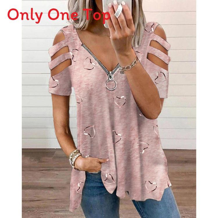 Short Sleeve T Shirt With Zipper Print Cotton Blend For Casual Streetwear
