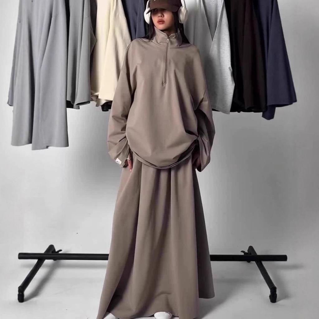 2025 Women's Casual Loose Drapey Half-Zip Top & Skirt Two-Piece Set