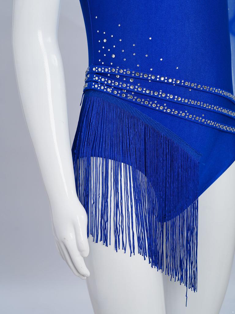 Girls Sparkling Rhinestones Fringe Leotard Irregular Tassel Bodysuit Figure Skating Dance Performance