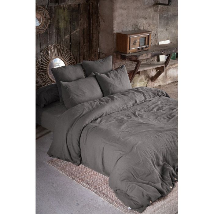 4-piece Bedding Set & 5 Pieces "Gaïa" Cotton Gauze - Gaïa Granite - 4-piece Bedding Set (1 Flat Sheet 270 X 300 + 1 Fitted Sheet