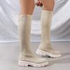 Thick Sole Knitted Long Boots for Women Elastic Socks Shoes Boots Over Knee Round Toe Low Heels Botas De Mujer 2024