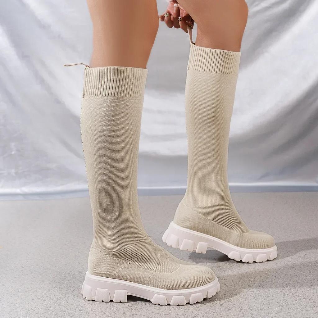 Thick Sole Knitted Long Boots for Women Elastic Socks Shoes Boots Over Knee Round Toe Low Heels Botas De Mujer 2024