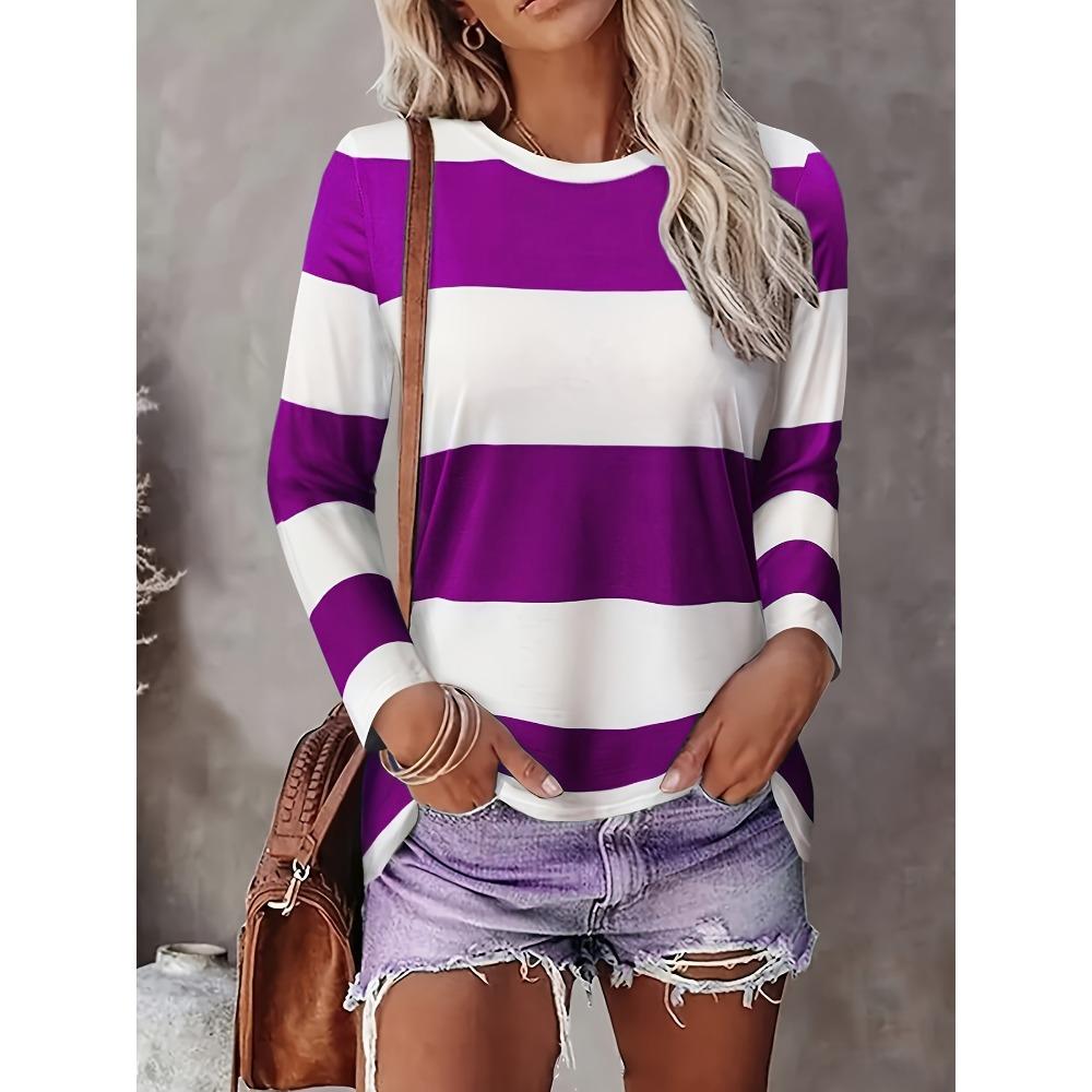 Women's 3D Stripe Printed T-shirt Fashion Long Sleeve Round Neck T-Shirt Regular Tops Holiday Weekend Spring and Autumn