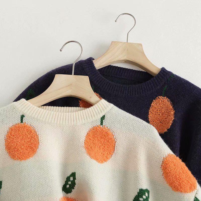 Женский вязаный свитер с фруктовым жаккардом: Осень/Зима Корейский свободный пуловер кардиган