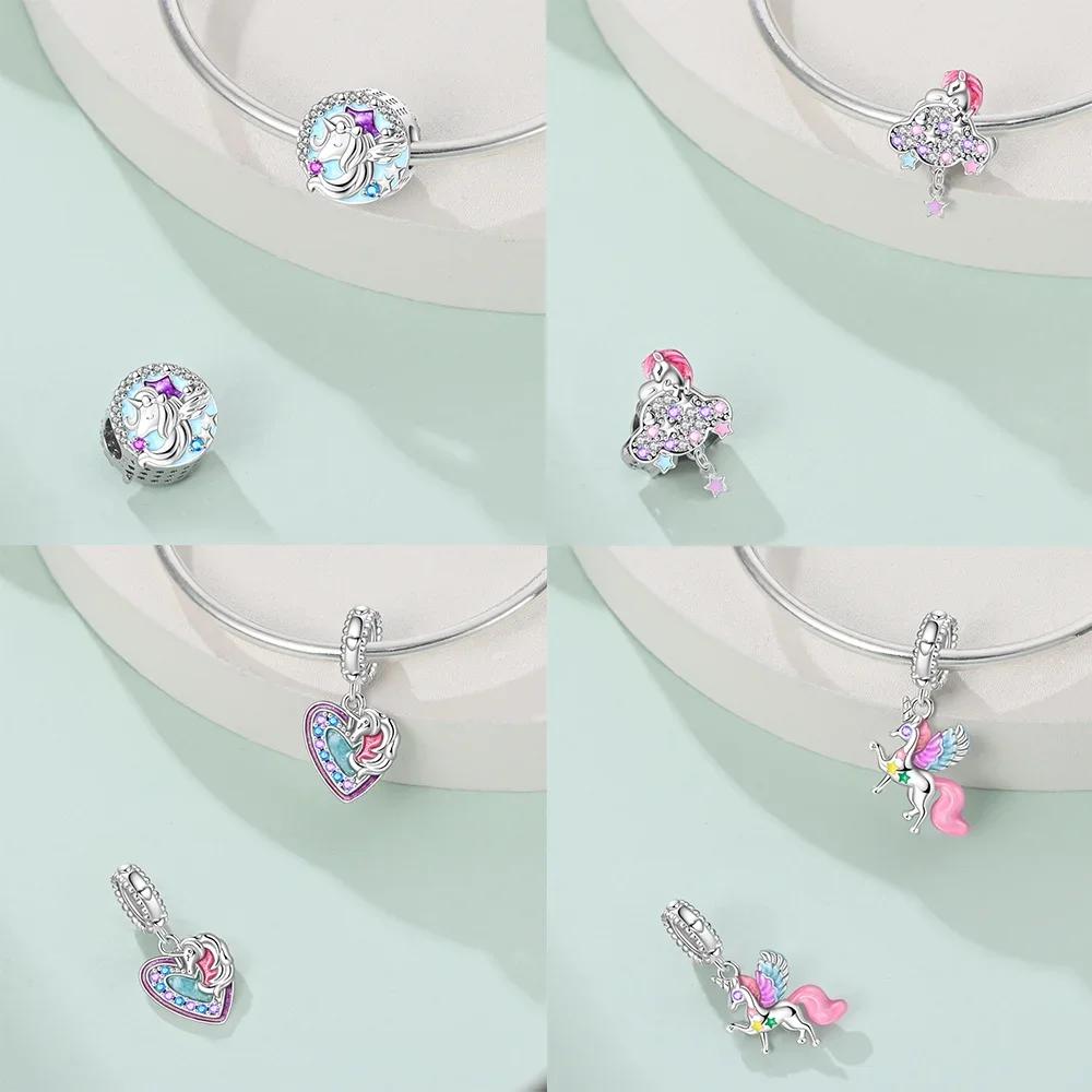 Изысканные Шармы Бусины Розового Цвета Медь Милая Девочка Страна Чудес Единорог Цвет Сердце Форма Подвеска Подходит Браслету-Бэнглу Ювелирные Изделия