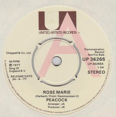 7-дюймовая пластинка PEACOCK - Rose Marie UP36265PROMO United Artists 1977 UK Поп Б/у