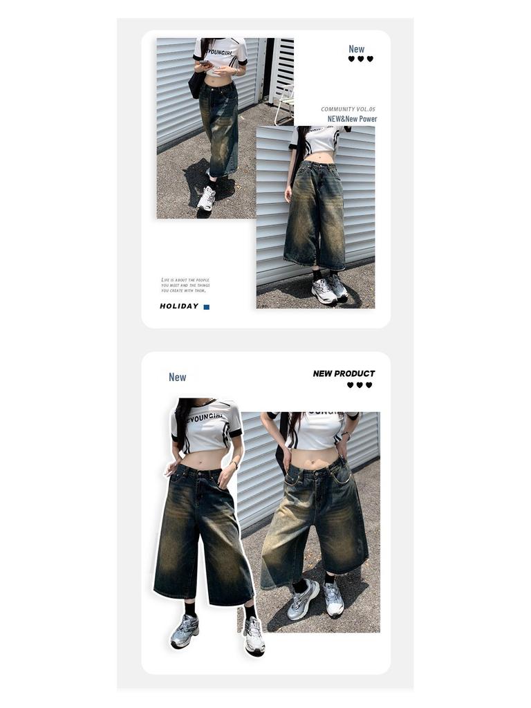 Retro Washed Distressed Wide Leg 7/8 Jeans - Unisex High Street Loose and Straight Mid-Length Shorts for Spring/Summer.