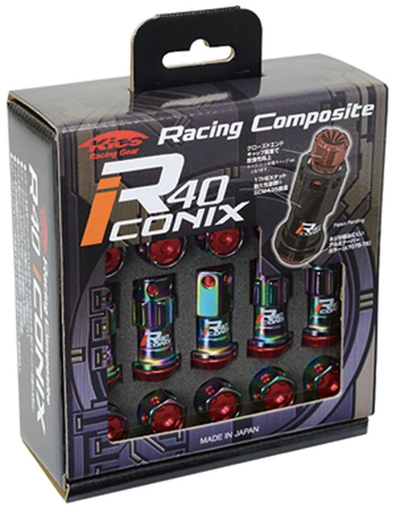 KYO-EI (Kyoei Industry) Racing Composite R40 iCONIX Wheel Lock Nuts, M12 x P1.5, with Aluminum Caps, Neochrome/Black, RIA-11NK