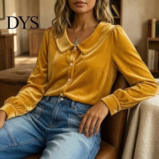 Button Down Shirts Fall Winter Women Velvet Shirt, Regular Fit Long Sleeve Office Work Top Top, Soft Solid Color Lapel Collar Blouse for Lady