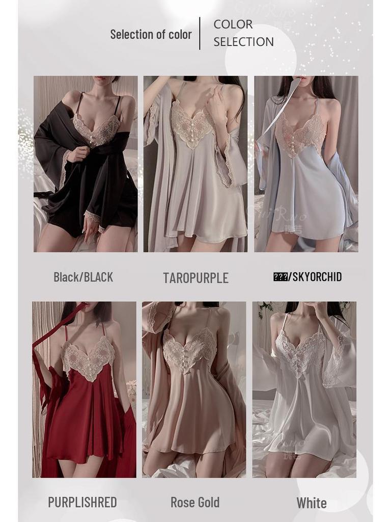 Элегантный кружевной пижамный комплект для весны/лета: Ночная сорочка-майка с открытой спиной и кардиган