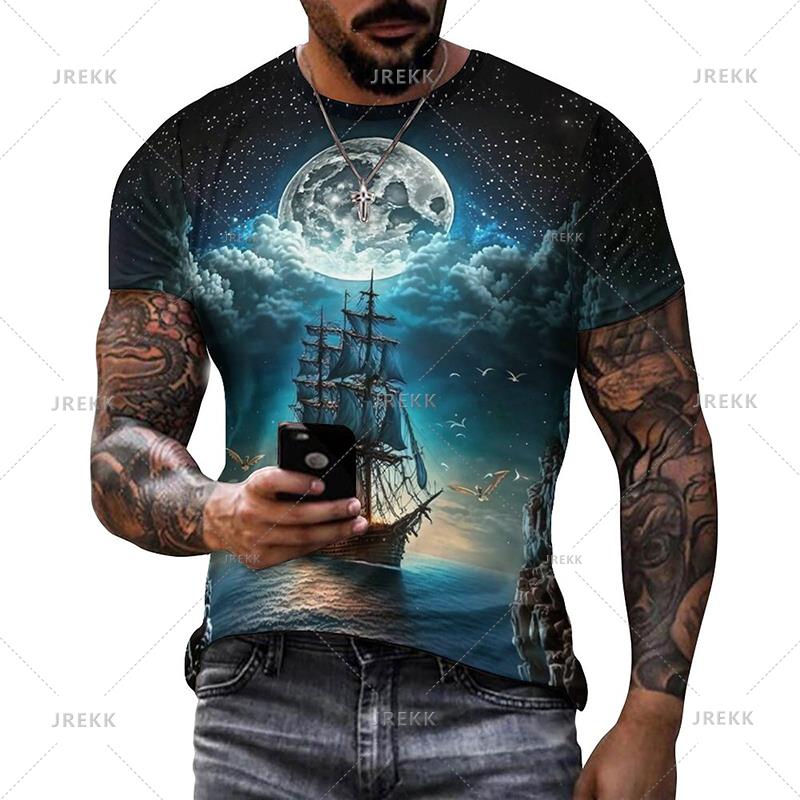 Summer Mens T Shirts Casual Loose T-shirt Sail Boat Pirate Ship 3D Printed O Neck Short Sleeve T Shirt Homme Oversized Quality