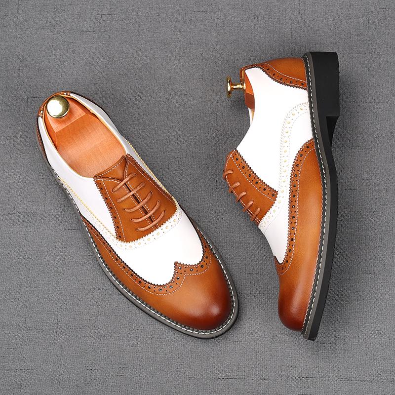 Fashion Fashion New Men's Black White Mixed Patent Leather Oxford Flats Brogues Shoes Male Homecoming Wedding Dress Zapatillas Hombre