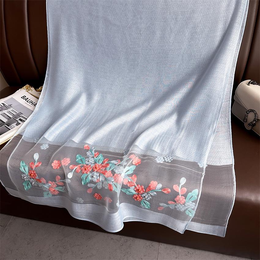 Elegant Silk Wool Embroidered Crabapple Flower Scarf - Double Layer, Thin, Large Shawl, Solid Color, All-Season Accessory.
