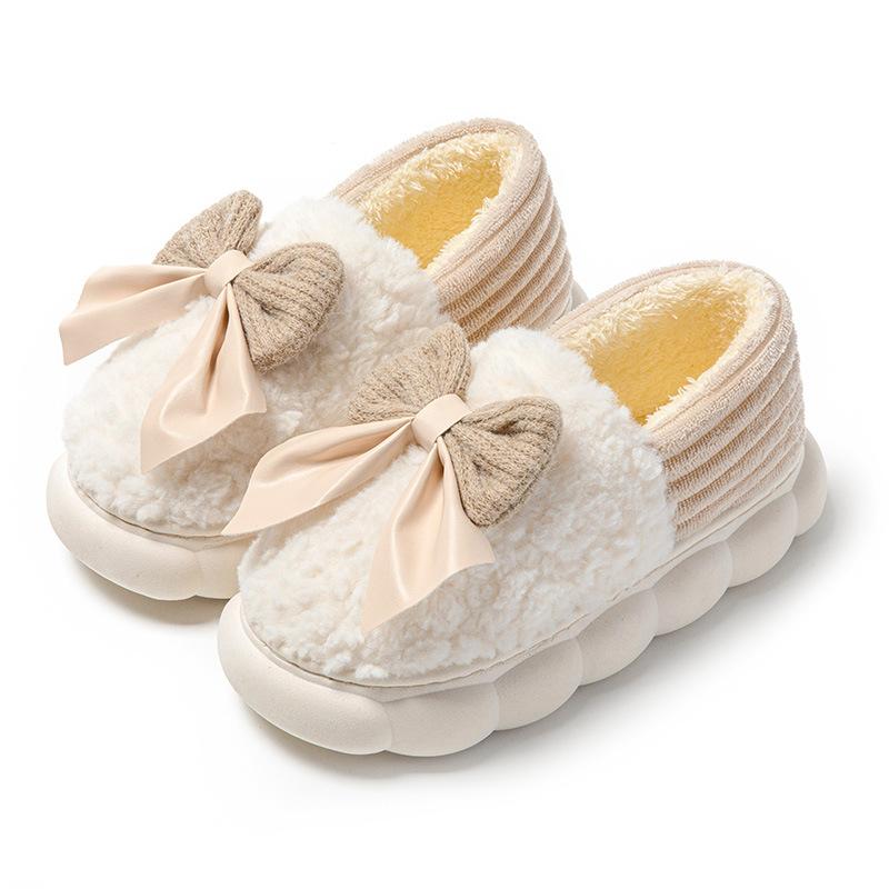 Тапочки из хлопка с бантом, новые туфли для женщин, домашняя обувь на осень-зиму, теплые повседневные меховые тапочки, туфли без застежек на мягкой подошве из хлопка