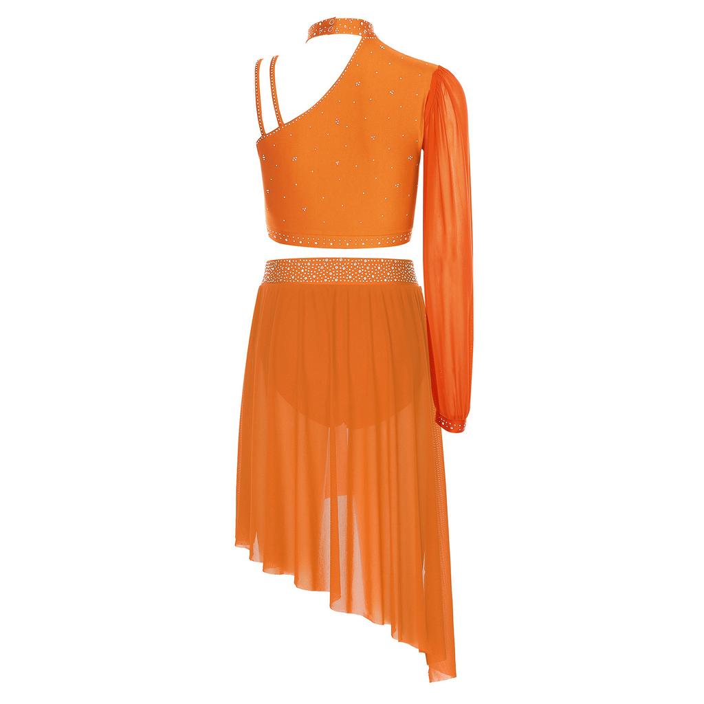 Женский костюм для лирического танца Блестящий асимметричный кроп-топ со стразами, шорты с высокой талией, костюм с шифоновой юбкой