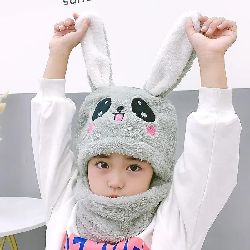 1-12Y Winter Cartoon Rabbit Coral Velvet Cap Plush Balaclava Kids Caps Double Fleece Baby Scarf Hat Baby Accessories