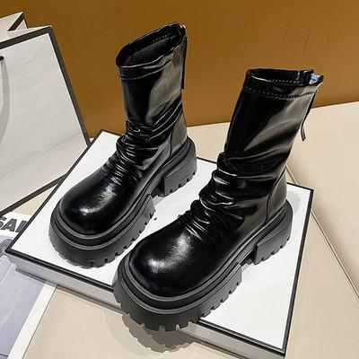 Осень Новые Ботильоны на блочном каблуке Круглый носок Застежка-молния Высокие Нескользящие Ботинки из инвертированного флиса для женщин