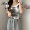 Новый летний универсальный облегающий свитер в полоску с квадратным воротником и короткими рукавами, женская верхняя модная повседневная футболка