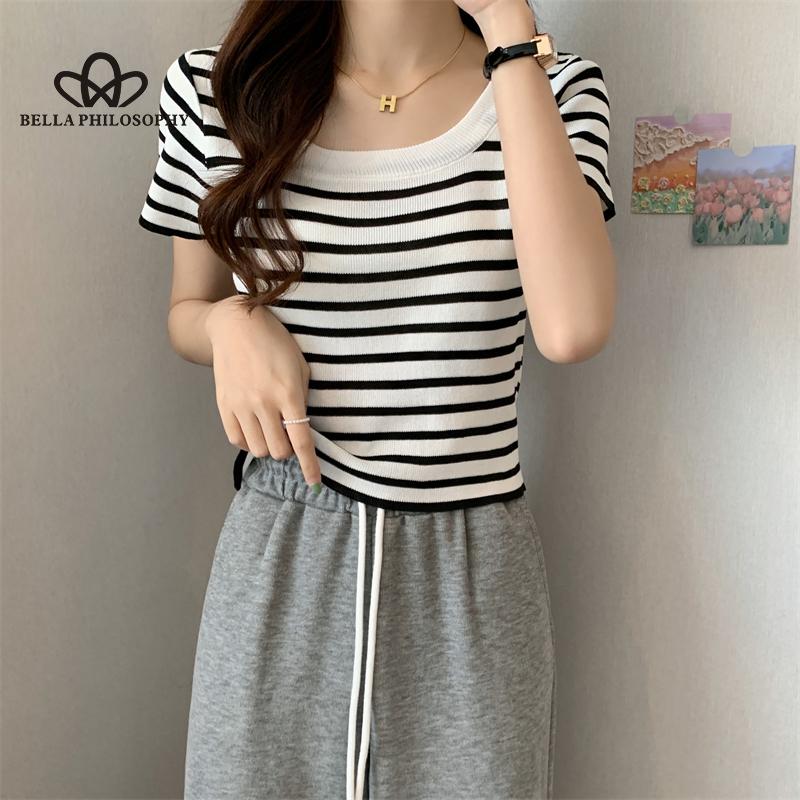 Новый летний универсальный облегающий свитер в полоску с квадратным воротником и короткими рукавами, женская верхняя модная повседневная футболка