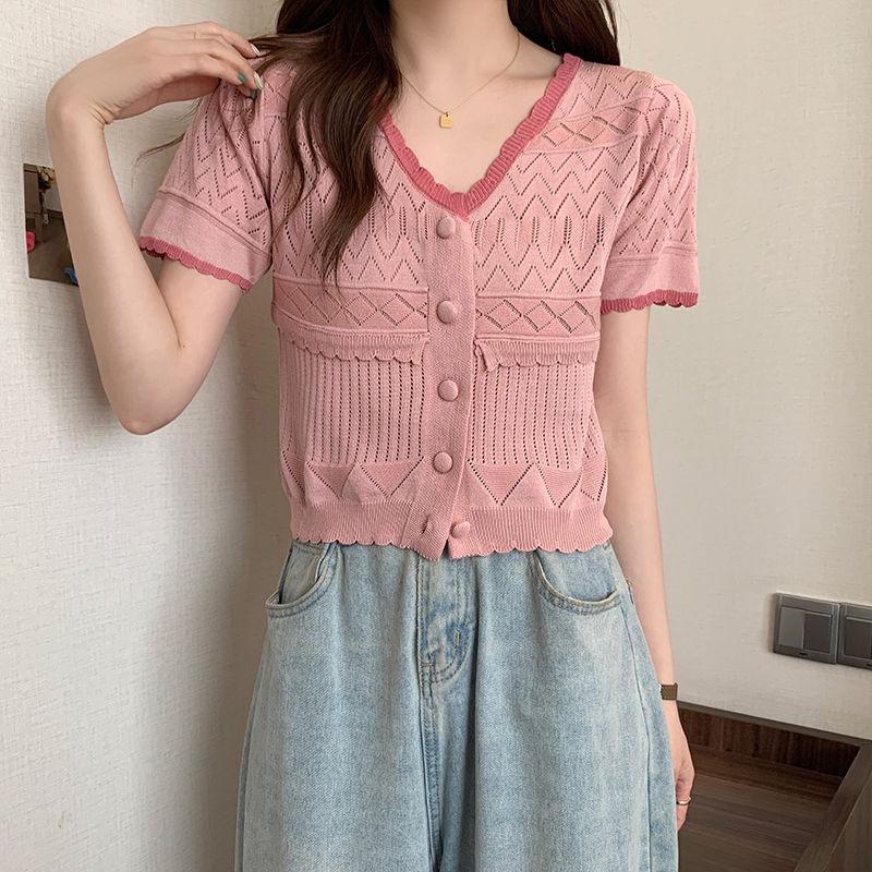 Футболка Ice Silk с короткими рукавами для женщин, летняя, тонкая, с уникальным дизайном, закрывающим живот. Укороченный ажурный трикотажный топ