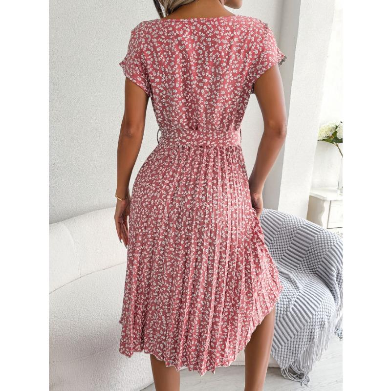 Ins Style Spring and Summer New Casual Short-sleeved Floral Large Swing Pleated Skirt European and American Women's Clothing