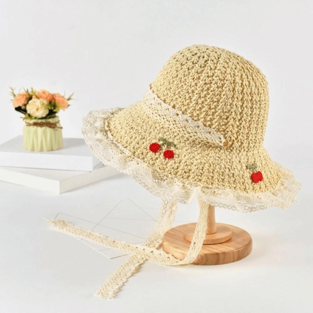 Cherry Embroidered Straw Fisherman Hat Lace Woven Bucket Hat Unique Women Sun Hat Ladies