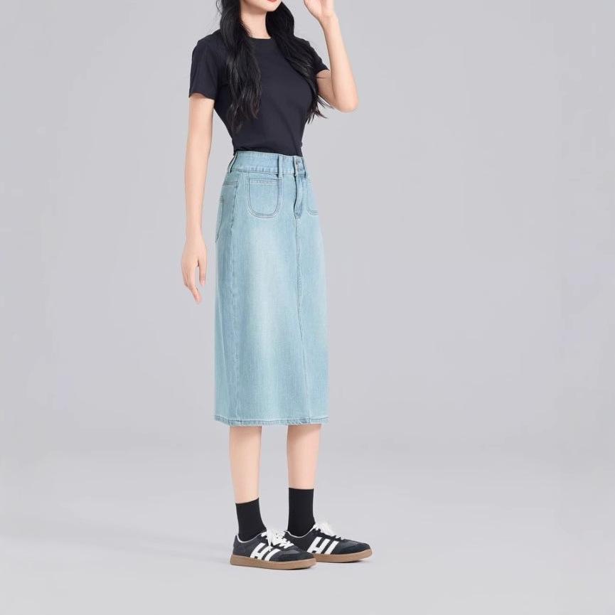 Women's Light Blue High-Waist Denim Midi Skirt with Back Slit and Double Buttons, Spring 2025 Collection – Elastic, Slimming Long Skirt