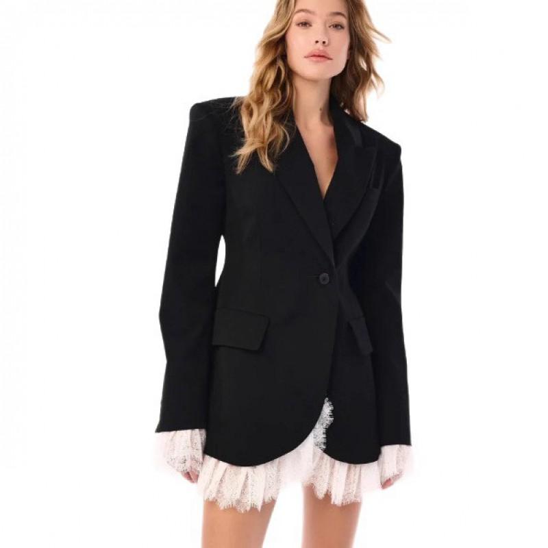 Womens Fall Lace Blazer Slim Fit Elegant Office Suit Jacket Solid Color V Neck Single Breasted