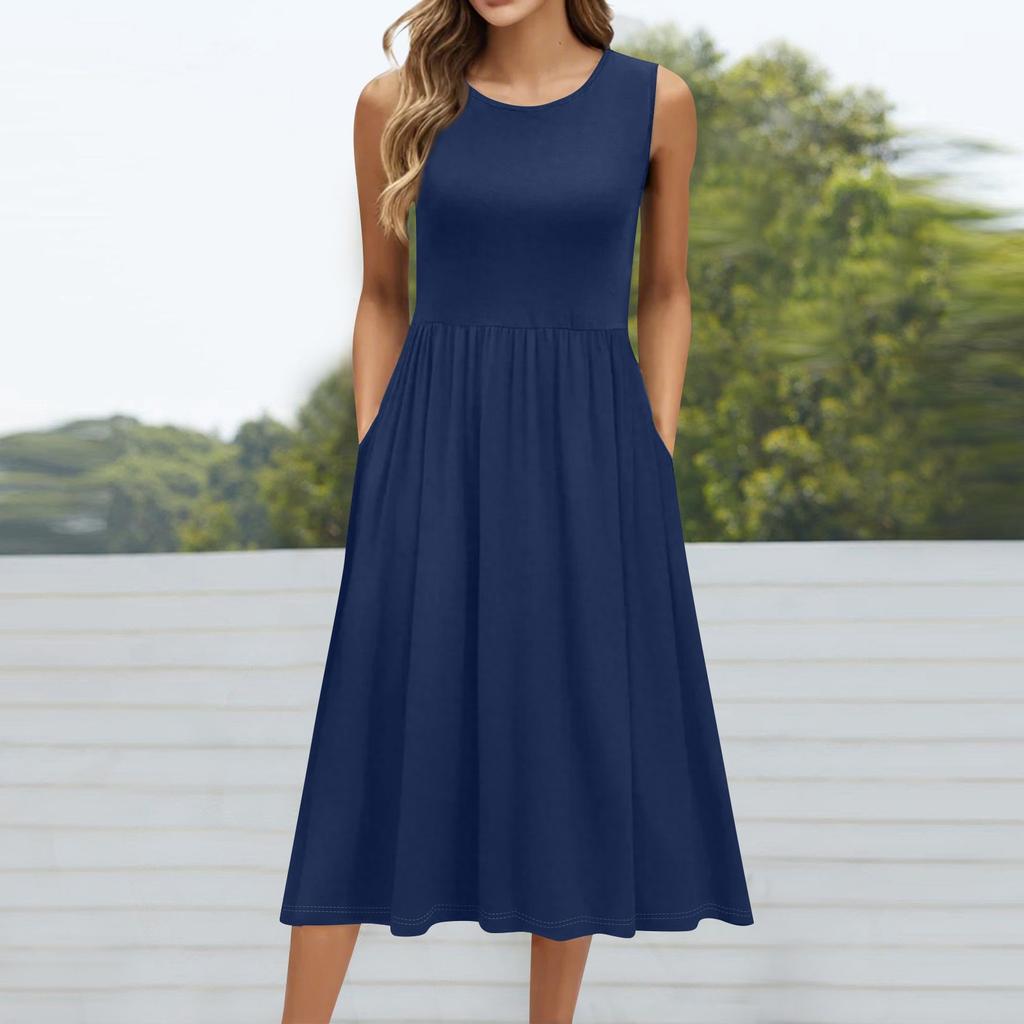 Женское модное однотонное платье без рукавов с круглым вырезом и карманом средней длины
