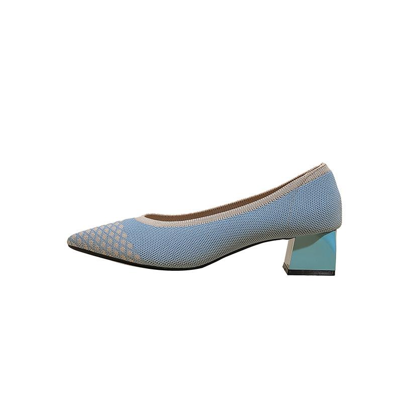 2026 new princess shoes pointed head light mouth woven shoes middle heel flying woven breathable thick heel color matching high heels