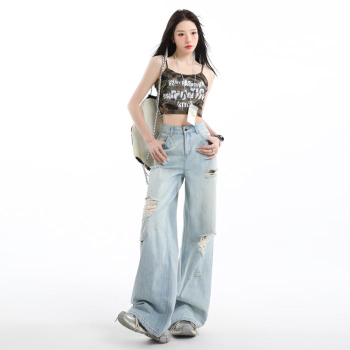 Ge Di Jie Trendy Piercing Wide Leg Pants for Spicy Girls, Loose Straight Leg Jeans