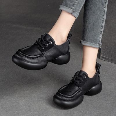 Женские туфли-лодочки из натуральной кожи, универсальные туфли ручной работы на мягкой подошве с круглым носком в стиле ретро на шнуровке на толстой подошве