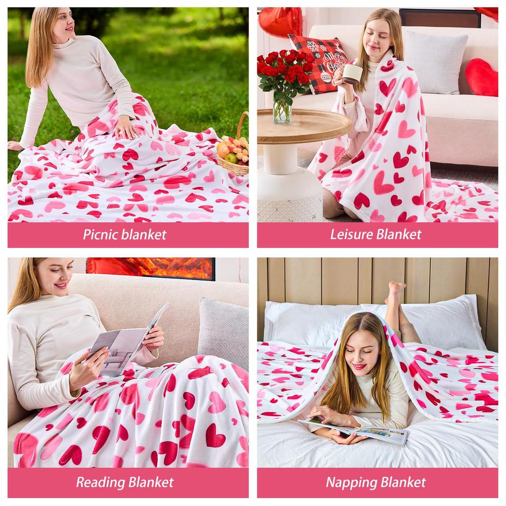 Pink heart-shaped pattern Printed Blanket for Sofa Bed Travel Camping Living Room Office Conditioning Blanket