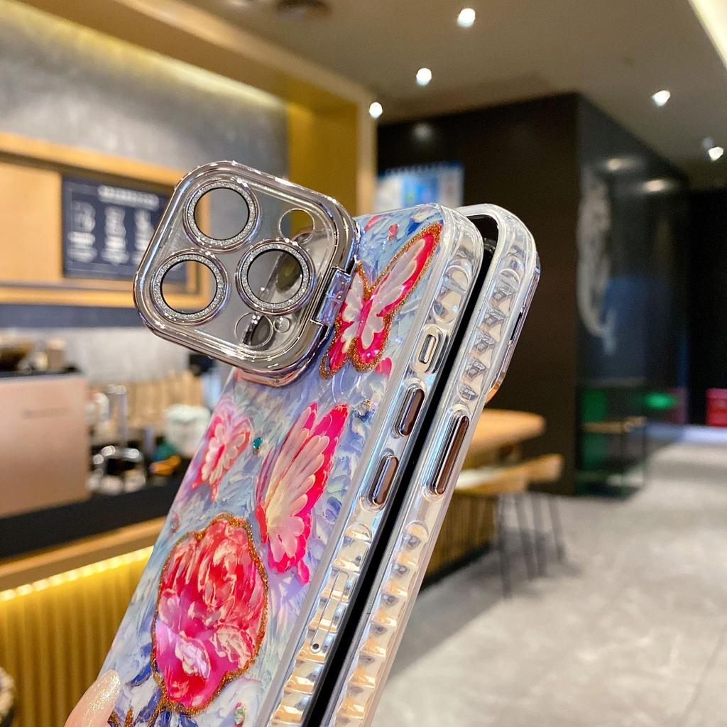 Applicable To IPhone16 Oil Painting Rose Mobile Phone Case Apple 15Pro Flash Powder Lens Film Stand 14 Protective Cover