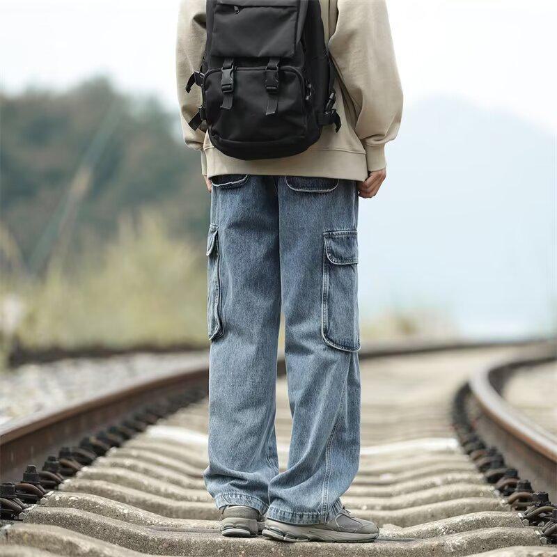 Мужские уличные трендовые ретро свободные прямые широкие джинсы с несколькими карманами на осень