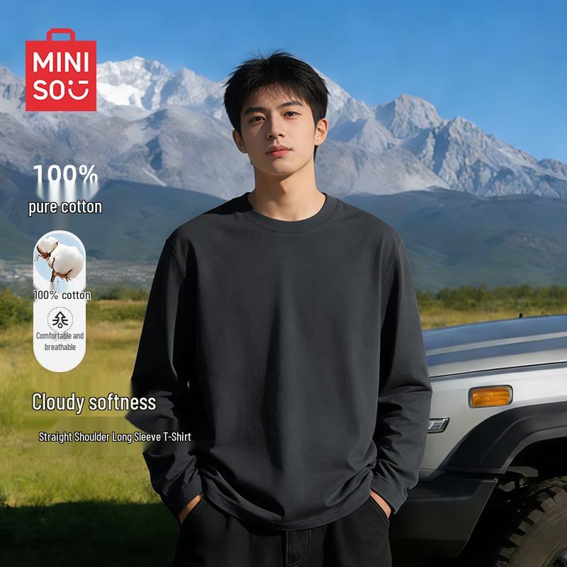 MINISO Мужская футболка с длинным рукавом свободного кроя из чистого хлопка