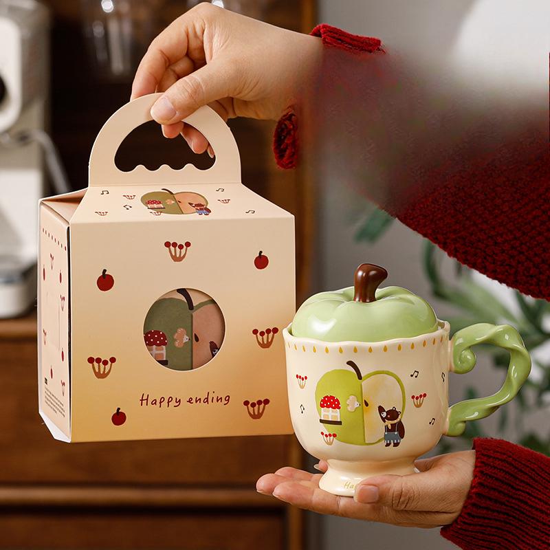 Милая кружка Apple с крышкой, керамическая чашка, сувенир, чашка для питьевой воды, офисная, высококлассная кофейная чашка, Рождество