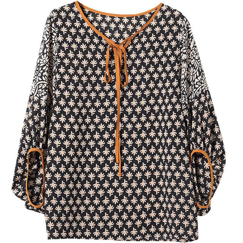 Elegant Fashion Bow Drawstring Printing Patchwork Chiffon Shirt Summer  O-Neck Half Sleeve Pullovers Blouse Women's Clothing