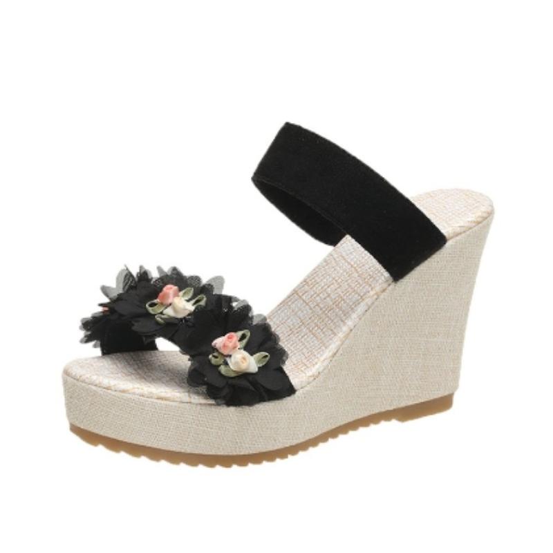 2024 Hot Selling Summer Women's Shoes Fashion Open Toe Large Size Cloth Flower Decorated Women's Super High Heel Slippers