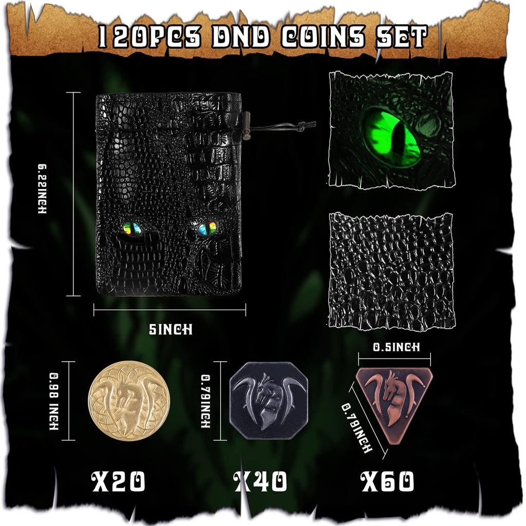 120 Pieces Copper DND Coins for DND DND Accessories with PU Leather Bag As DND Gift for DND Board Game Fake Coins with Colorful Eyes Leather Bag for