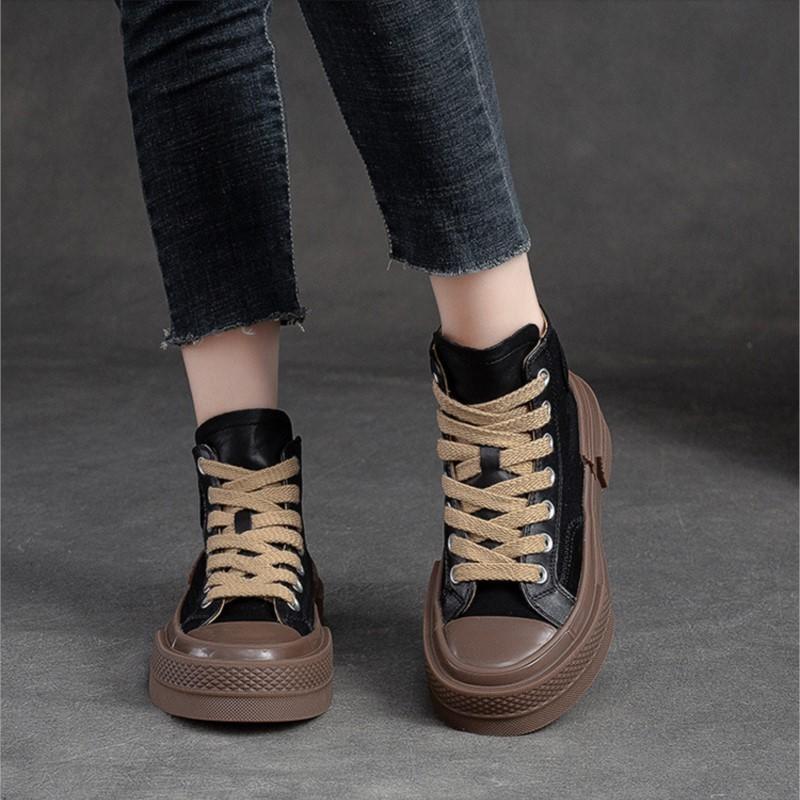 Johnature Genuine Leather Women Casual Flats Lace-up Round Toe Thick Sole Comfortable Platform Shoes