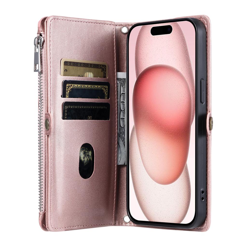 015 Style For iPhone 15 Pro Stand Case Leather Zipper Pocket Phone Cover with Strap