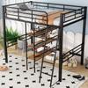 Loft Bed, 90*200cm, without Mattress, Bed with Desk, Multiple Shelves, Guardrail, Ladder, Iron Frame, Black