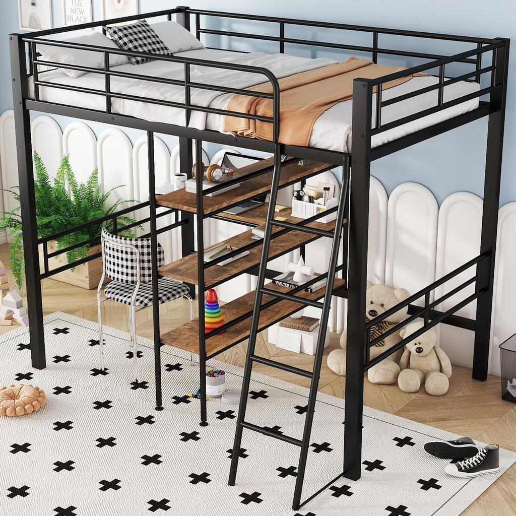 Loft Bed, 90*200cm, without Mattress, Bed with Desk, Multiple Shelves, Guardrail, Ladder, Iron Frame, Black