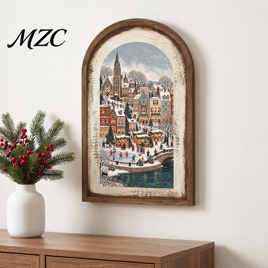 Solid Wood Hanging Sign Vintage Arched Wooden Photo Frame with Christmas Illustration, Retro Distressed Wall Art for Holiday Gift Family Desktop