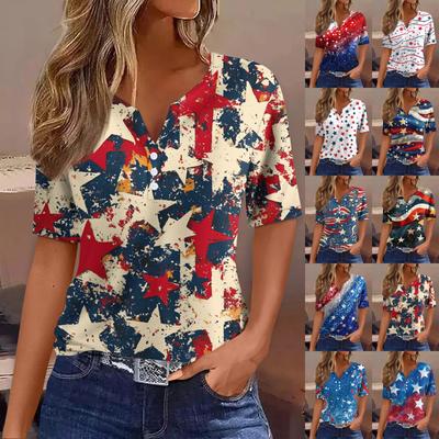 Женская модная повседневная футболка с принтом «День независимости» с V-образным вырезом и коротким рукавом, украшенная пуговицами